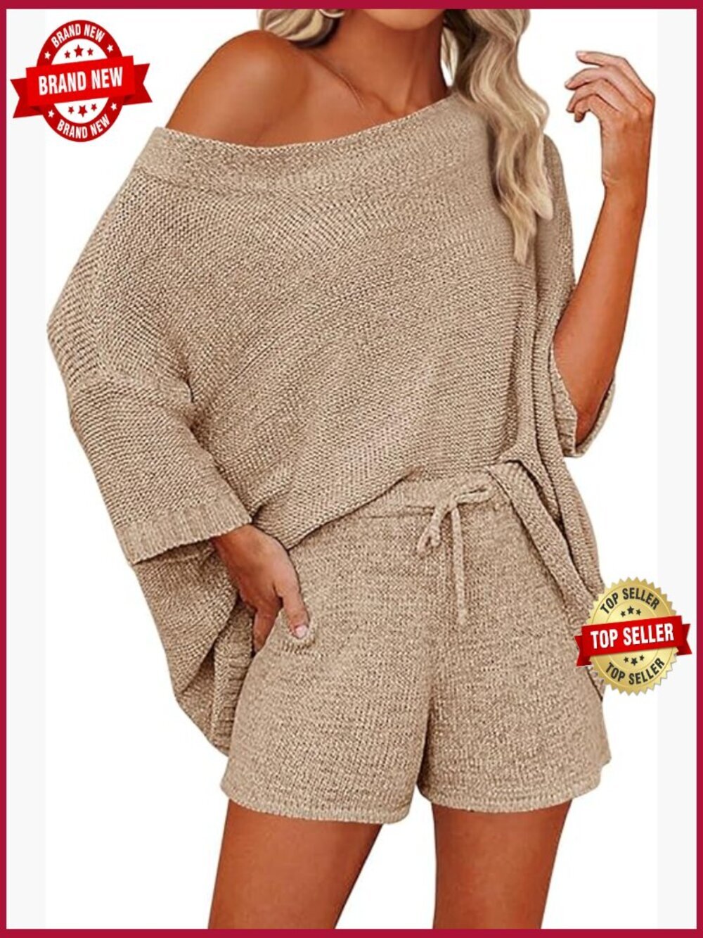 Off Shoulder Knit Top & Shorts Pajama Lounge Set 2 Piece